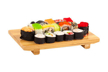 A beautifully arranged assorted sushi platter served on a wooden board