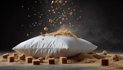 White pillow showered with brown sugar cubes