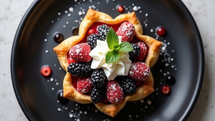 Delicious berry tart with whipped cream and mint garnish on black plate