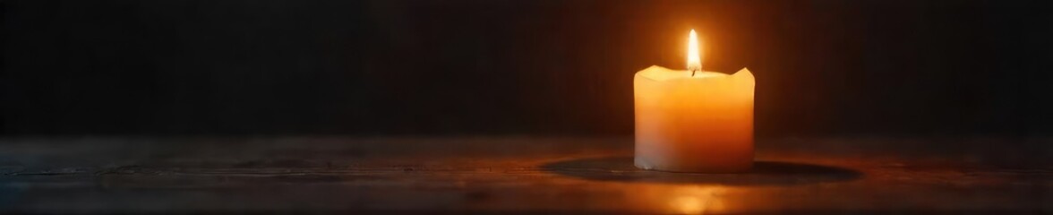 A single, flickering candle in a dark room, casting warm, inviting light and soft shadows on a wooden surface  Perfect for ambiance, relaxation, and serenity themes ,  burning,  rustic,  glow