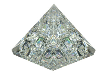 A geometric pyramid design, featuring an intricate pattern of interlocking, reflective squares, showcasing a play of light and shadow.