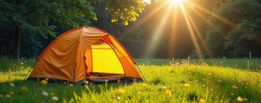 A spacious camping tent pitched in a lush green meadow, sunlight streaming through the mesh windows Perfect for outdoor adventures and nature escapes , camping gear, leisure