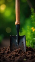 Durable Wooden Handled Hoe Ready for Gardening Close-Up of a Sturdy Landscaping Tool Ideal for Weeding, Tilling, and Cultivating Soil.  Perfect for Spring Planting and Autumn Cleanup.
