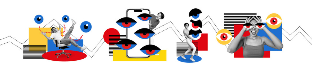 Panoramic full collection collage of happy girl guy stand cartoon eyeball stare freemason software...