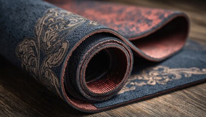 Rolled yoga mat with intricate design.  Dark navy blue and reddish-brown colors.  Ornate pattern.  Close-up view.  Wooden surface