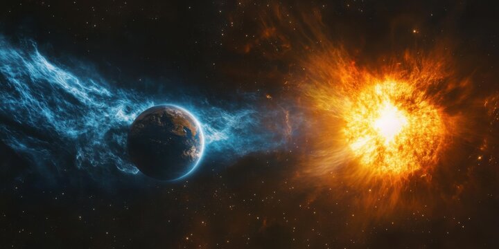 A vibrant cosmic event showcases a planet enveloped in a swirling nebula, juxtaposed against a fiery stellar explosion.