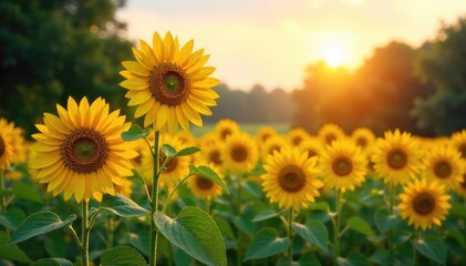 Obraz premium Sunflowers Bask in Golden Sunlight Picturesque Meadow Perfect for Relaxation and Enjoyment