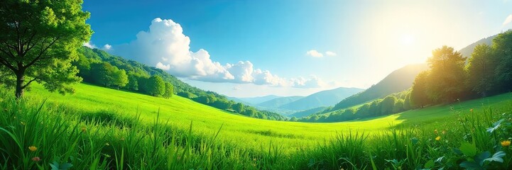 Fototapeta premium Lush Green Landscape Sunlight Drenched Foliage Evoking Heroic Strength and Natural Beauty