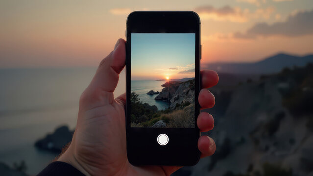 Tourist taking photo of beautiful sunset over the sea with smartphone