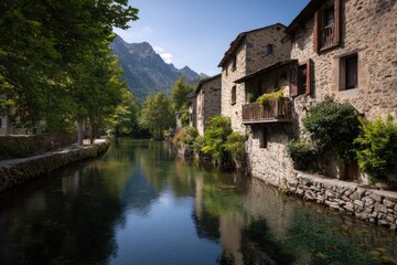Fototapeta premium Peaceful Village Life in the Pyrenees with Children Playing by River Stone Houses and Distant Mountain Peaks