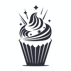Monochrome Cupcake with Swirls and Stars on a White Background