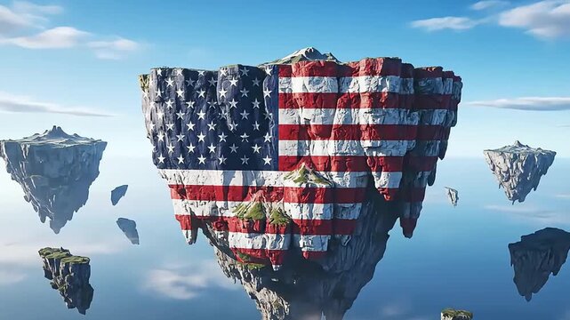 Floating Island with American Flag Pattern Surrounded by Sky and Other Isolated Landmasses