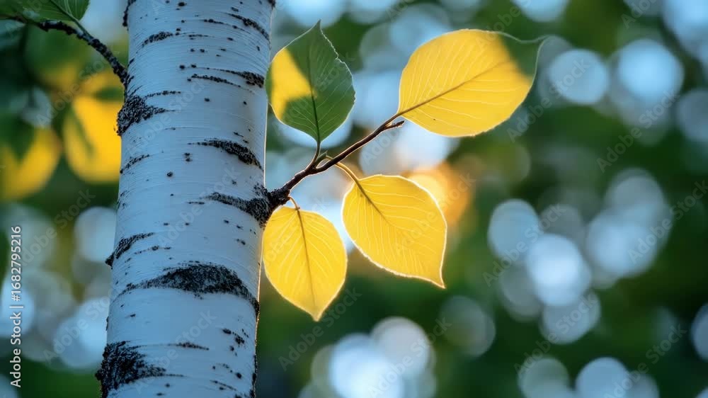 Poster sunlight filters through lush foliage on a birch tree, creating a dazzling light show nature scene
