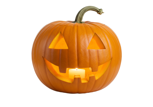 Glowing carved jack-o’-lantern pumpkin with triangle eyes and toothy smile, isolated on transparent background, perfect for Halloween and spooky designs.