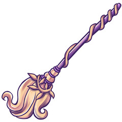 A magical purple witch's broomstick with a swirling golden ribbon and decorative floral details.
