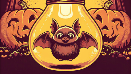 A spooky black Halloween bat with a pumpkin illustration on a dark background