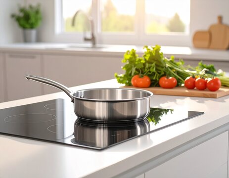 Aesthetic ultra realistic induction cooktop with stainless steel pan, fresh vegetable - Powered by Adobe