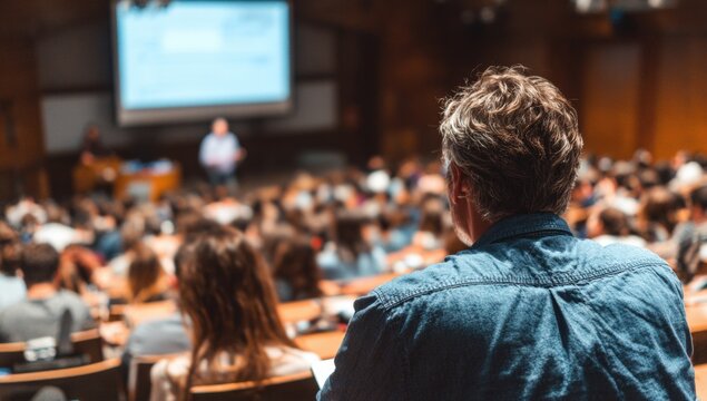 Large lecture hall, audience listening to a speaker
