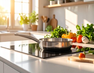 Aesthetic ultra realistic induction cooktop with stainless steel pan, fresh vegetable 