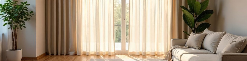 Sheer Curtains Filter Sunlight in Bright Living Room, Creating Peaceful Atmosphere. Perfect for Home Decor, Interior Design, and Real Estate Websites.