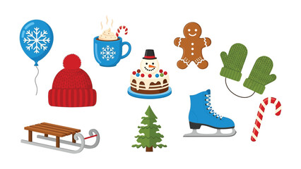 Winter's Delight: A cheerful ensemble of festive icons evokes the magic of winter. A medley of delightful elements come together to bring the season's warmth and spirit to life.