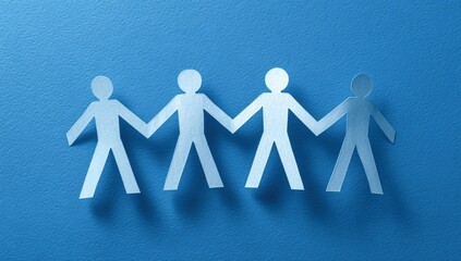 Paper cutouts of people, linked hands, a blue background