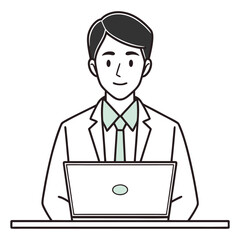 Smiling businessman in a suit working on a laptop computer at a desk clean line art illustration