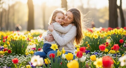 A mother embraces her young daughter in a vibrant flower garden, bathed in warm sunlight.