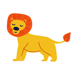 Cute cartoon lion with orange mane, modern flat vector illustration for kids design, trendy animal character clipart for nursery, posters, stickers.