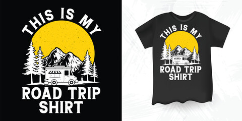 Road Trip Shirt Design with Camper Van Mountain Forest and Yellow Sunset