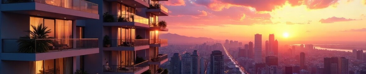 Fototapeta premium Luxury High-Rise Condominiums with Sunset City Views Modern Architecture and Balcony Living