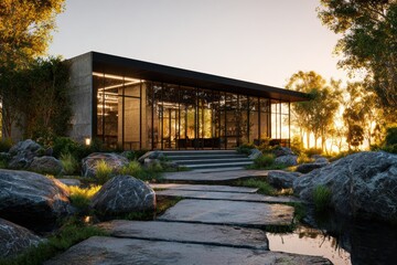 Obraz premium Modern, minimalist building nestled within a serene natural landscape at dawn
