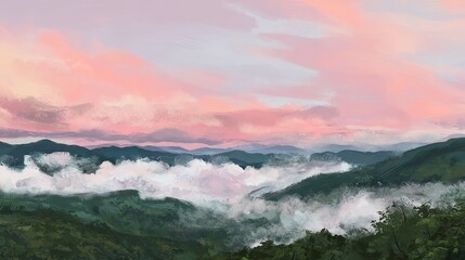 Fototapeta premium A painting of the Blue Ridge Mountains, with its pink and purple skies, is presented in a beautiful, serene, and dreamy aerial view that highlights the natural scenic charm.