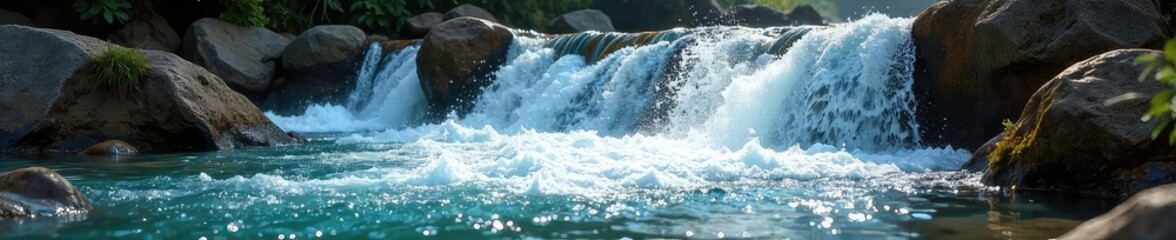 Refreshing cascade of water crashing onto rocks, creating a vibrant mist and stunning splash  Perfect for travel, nature, and serenity themes ,  mist,  outdoors