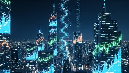 Futuristic cityscape skyscraper night digital graph neon technology urban finance innovation progress glowing modern skyline illuminated skyscrapers blue green financial data visualization glowing - Powered by Adobe