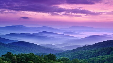 Fototapeta premium A painting of the Blue Ridge Mountains, with its pink and purple skies, is presented in a beautiful, serene, and dreamy aerial view that highlights the natural scenic charm.