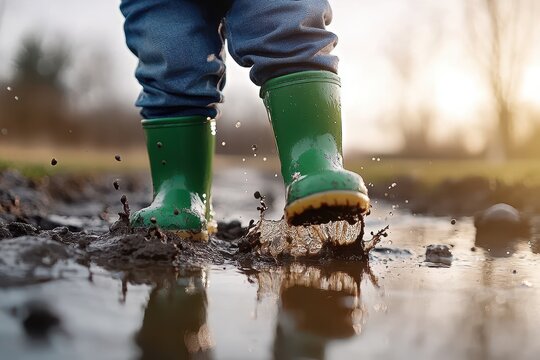 A toddler joyfully splashes in a muddy puddle wearing green rain boots, experiencing the fun of outdoor play