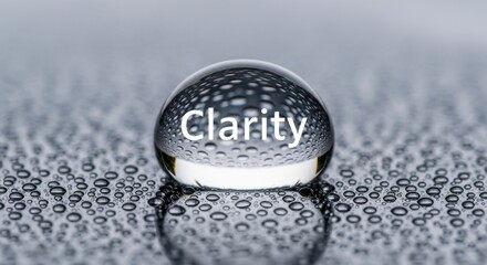 Large water droplet with clarity text on a surface covered in smaller water droplets clear transparent