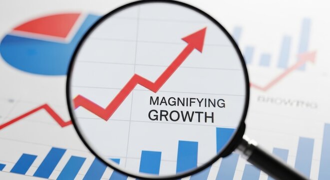 Magnifying glass over red arrow graph showing increasing growth and blue bar chart business finance - Powered by Adobe