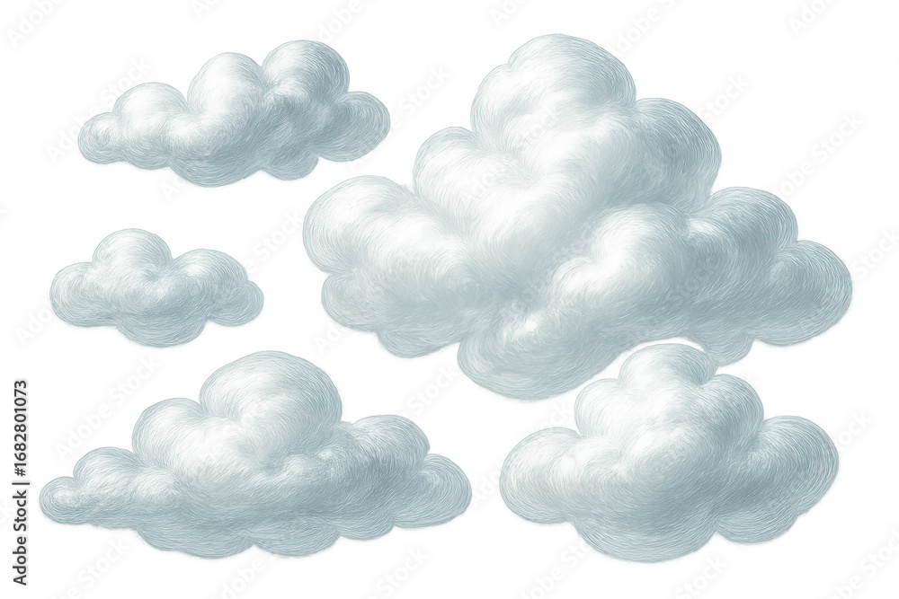 Poster six fluffy white clouds with a transparent background, perfect for adding a touch of whimsy to any p