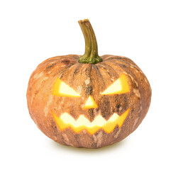 Small orange PUMPKIN or SQUASH 'Thai Rai Kaw Tok' face decorated Jack-o-lantern glowing head for Halloween isolated on transparent background or png file.