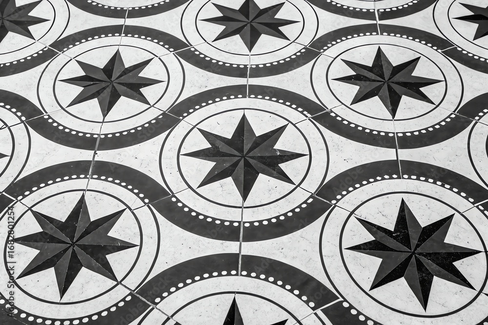 Poster intricate black and white geometric tile pattern with repeating starburst motifs and wavy lines