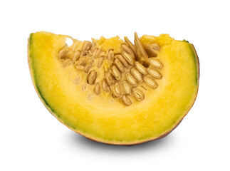 Small orange PUMPKIN or SQUASH 'Thai Rai Kaw Tok' fruit with cut out to see flesh in yellow and...