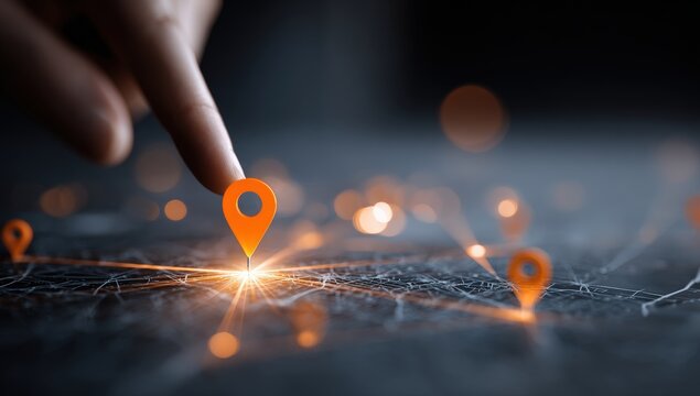 A hand points to a location marker on a digital map - Powered by Adobe