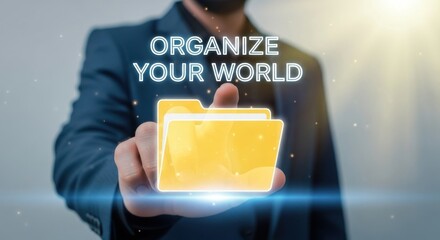 Man in blue suit touching glowing yellow digital file folders with text Organize Your World finger