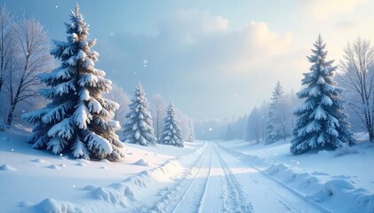 Fototapeta premium Serene Winter Landscape Softly Falling Snow Blankets a Peaceful and Idyllic Scene, Perfect for Holiday or Nature Themes