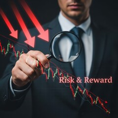 Man in suit examines falling stock market graph with magnifying glass business finance