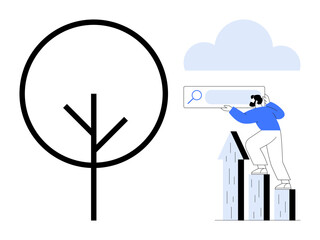 Minimalist tree, cloud, man climbing bar graph examining search bar. Ideal for growth, success, data analysis, sustainable development, digital progress research future vision. Simple flat metaphor