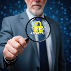 Man in suit examines threat analysis with magnifying glass on digital security background image