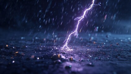 A dramatic lightning strike in a rain-swept dark landscape